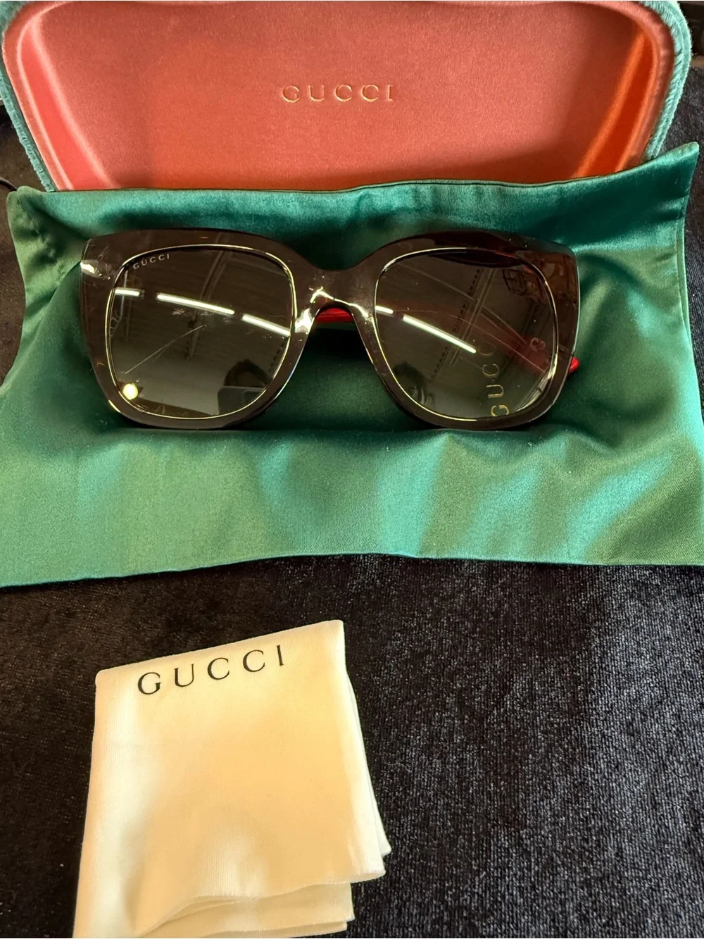 Gucci Women’s Dark Brown Square Sunglasses with Subtle Red Temples (GG0163S)